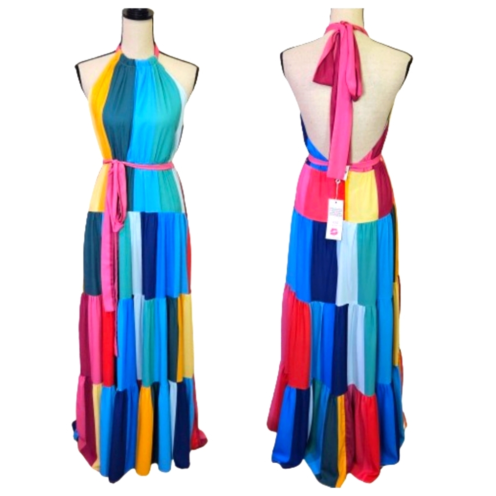 Buddy Love Multicolor Patchwork Halter Maxi Dress - Pink, Blue, Yellow, Teal